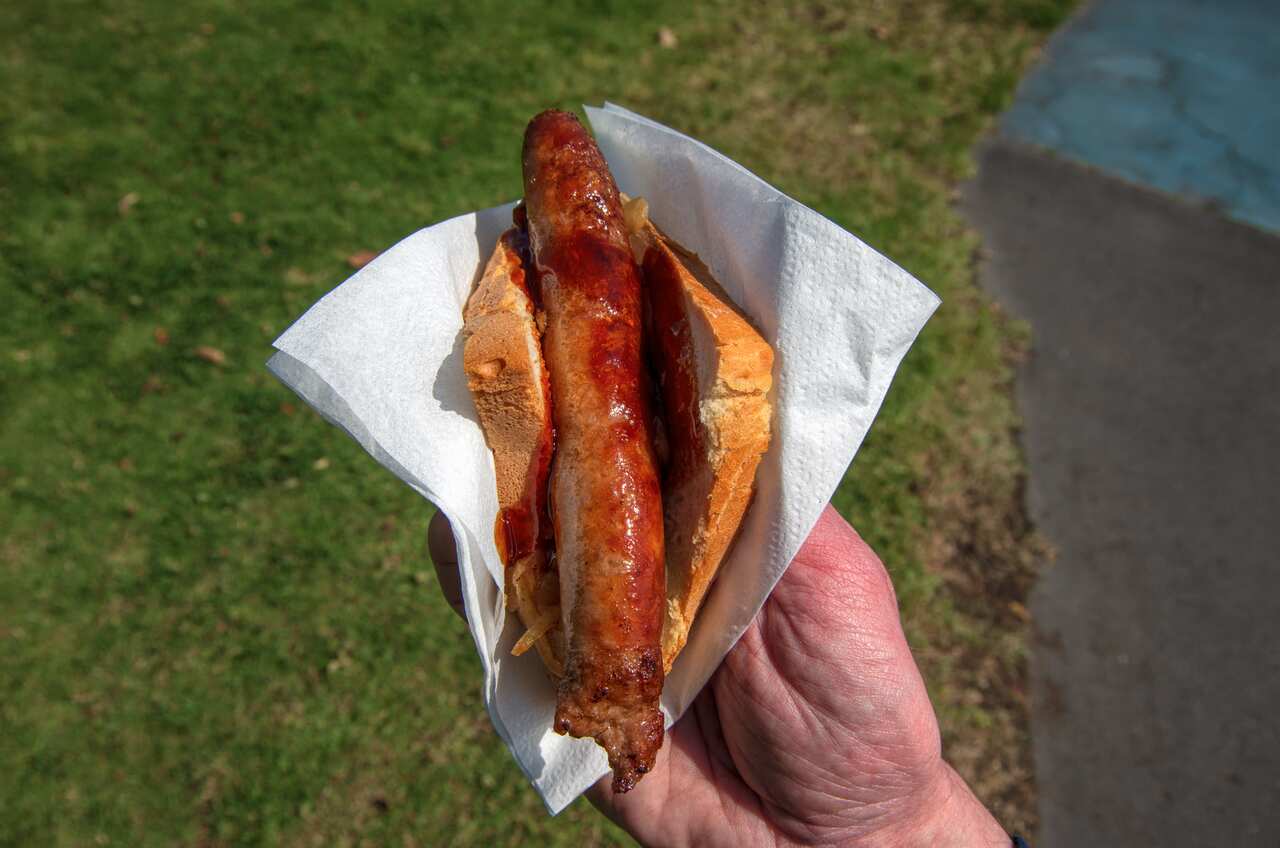 'Democracy' sausage sizzle sandwich with fried onion and tomato sauce in a white paper napkin held in a man's hand in a park on a local election voting day
