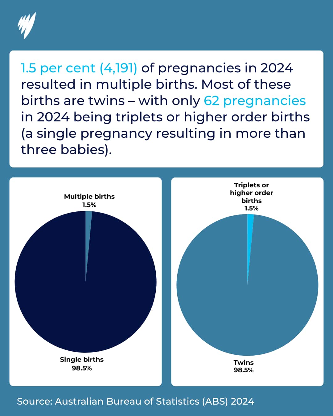 a graphic of two pie graphs laying out how many twins and triplets were born in australia in 2024