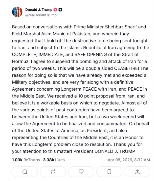 A screenshot of a social media post by Donald Trump.