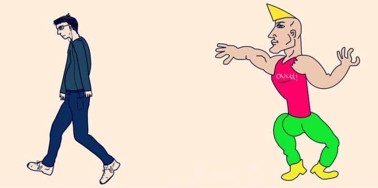 A shy looking male animation next to a muscular guy with blond hair and flashy clothes.  
