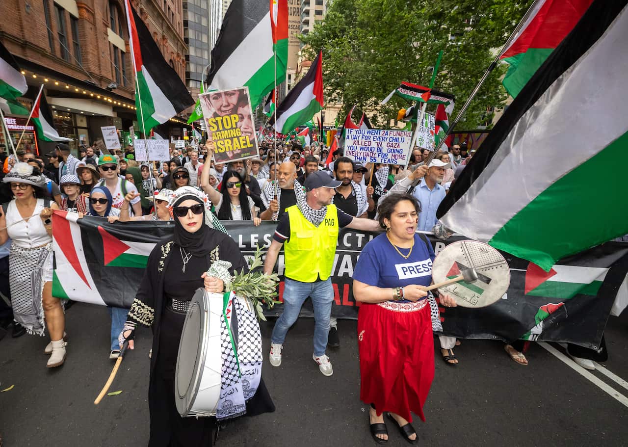 People protesting while holding flags, drums, and wearing keffiyehs.