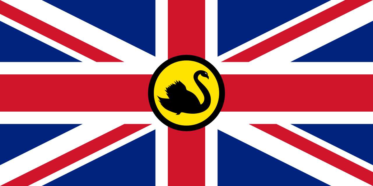 Union Jack flag with a black swan in a yellow circle. 
