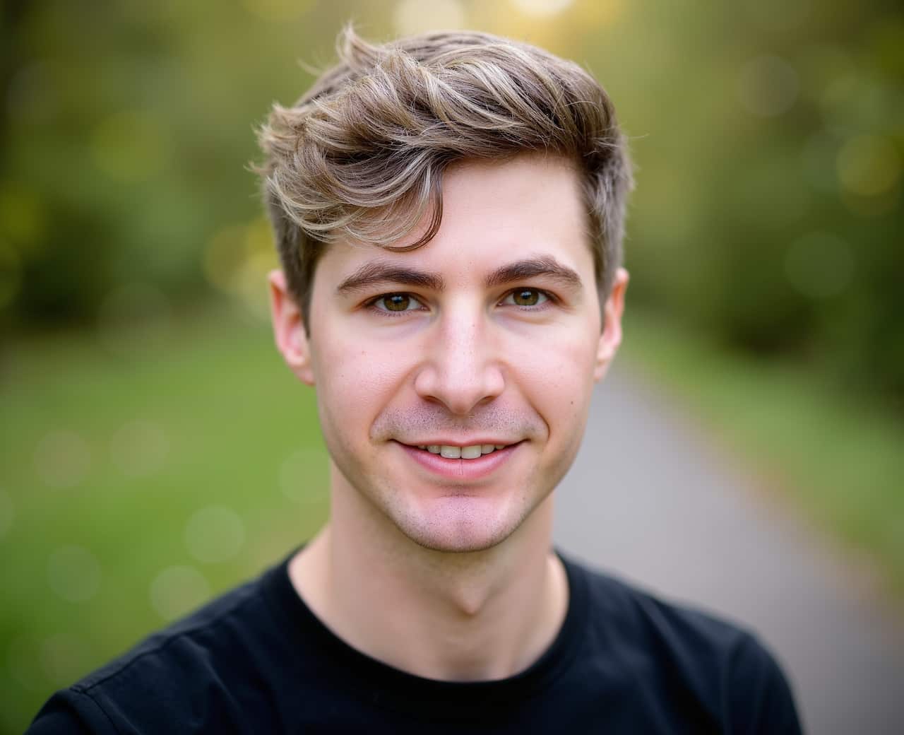 A young man in a black round-neck T-shirt is smiling.
