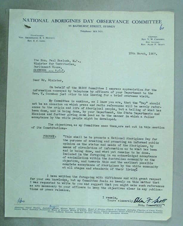 A letter from the National Aborigines Day Observance Committee secretary in 1967