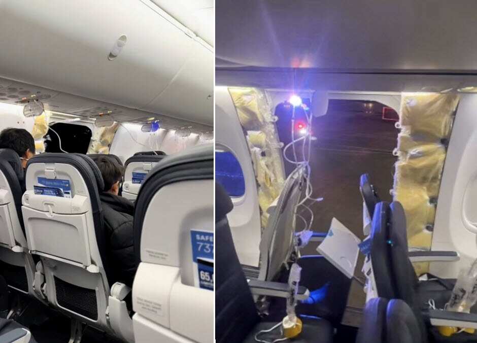 The view from inside an airplane with a window blown-out