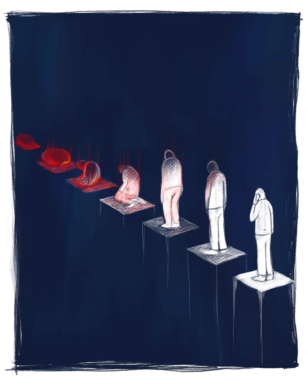 An illustration of adult men standing in a line waiting to receive a phone call.