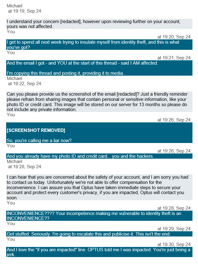 An online exchange between long-time Optus customer Kim, who didn't want to giver her surname, and the telco following a huge data breach.