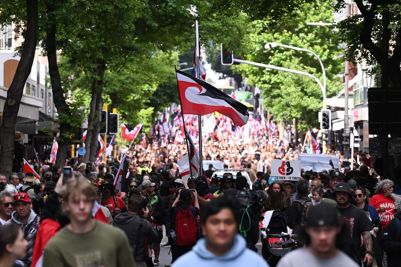 A large group of people marching down a street