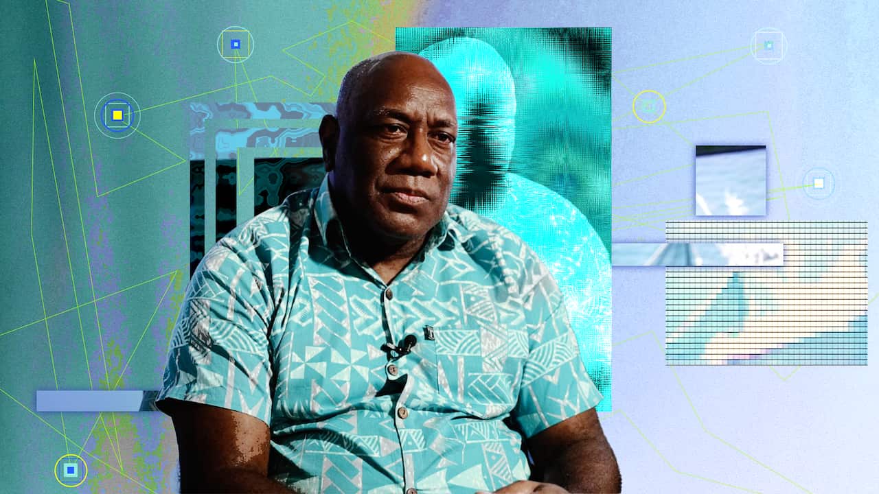 A man in the foreground with graphically created patterns in the background.
