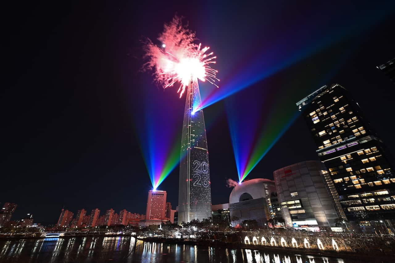 Fireworks above a skyscraper