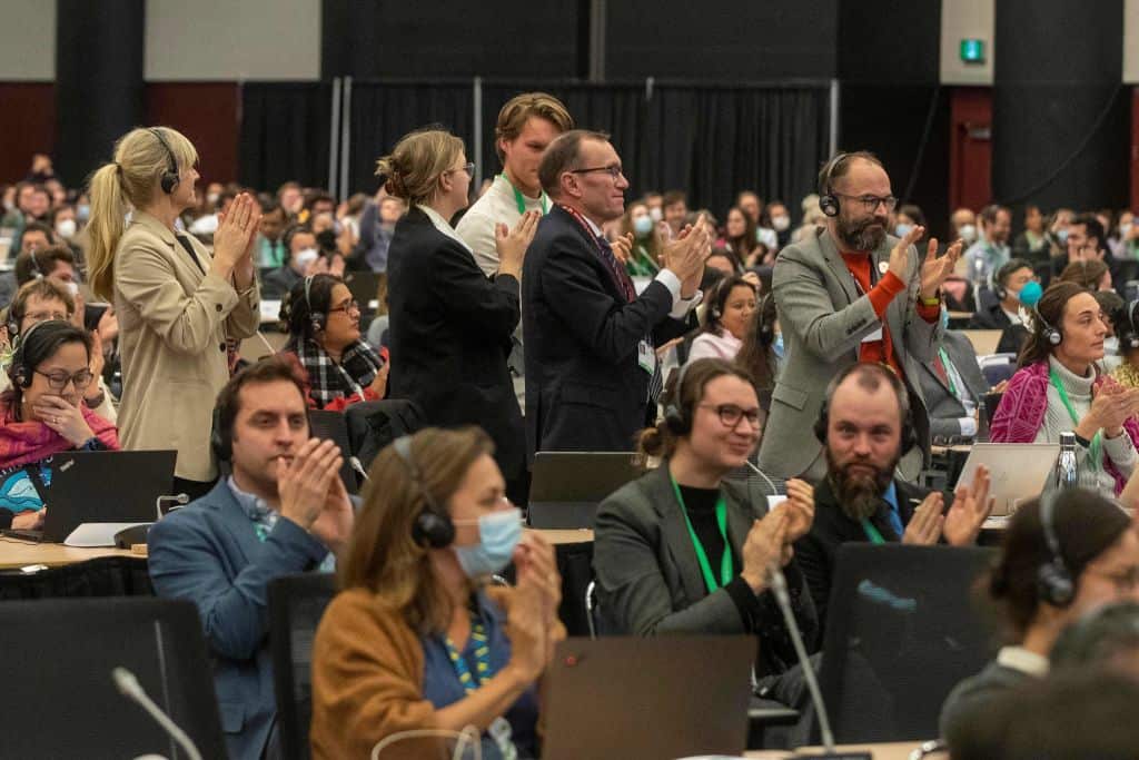 People are upstanding as they applaud at a meeting of the United Nations on biodiversity. 