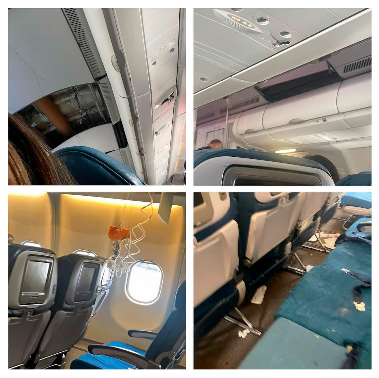 Mobile phone images of the aircraft's missing interior panelling, an oxygen mask hanging loose and damage to flight seats. 