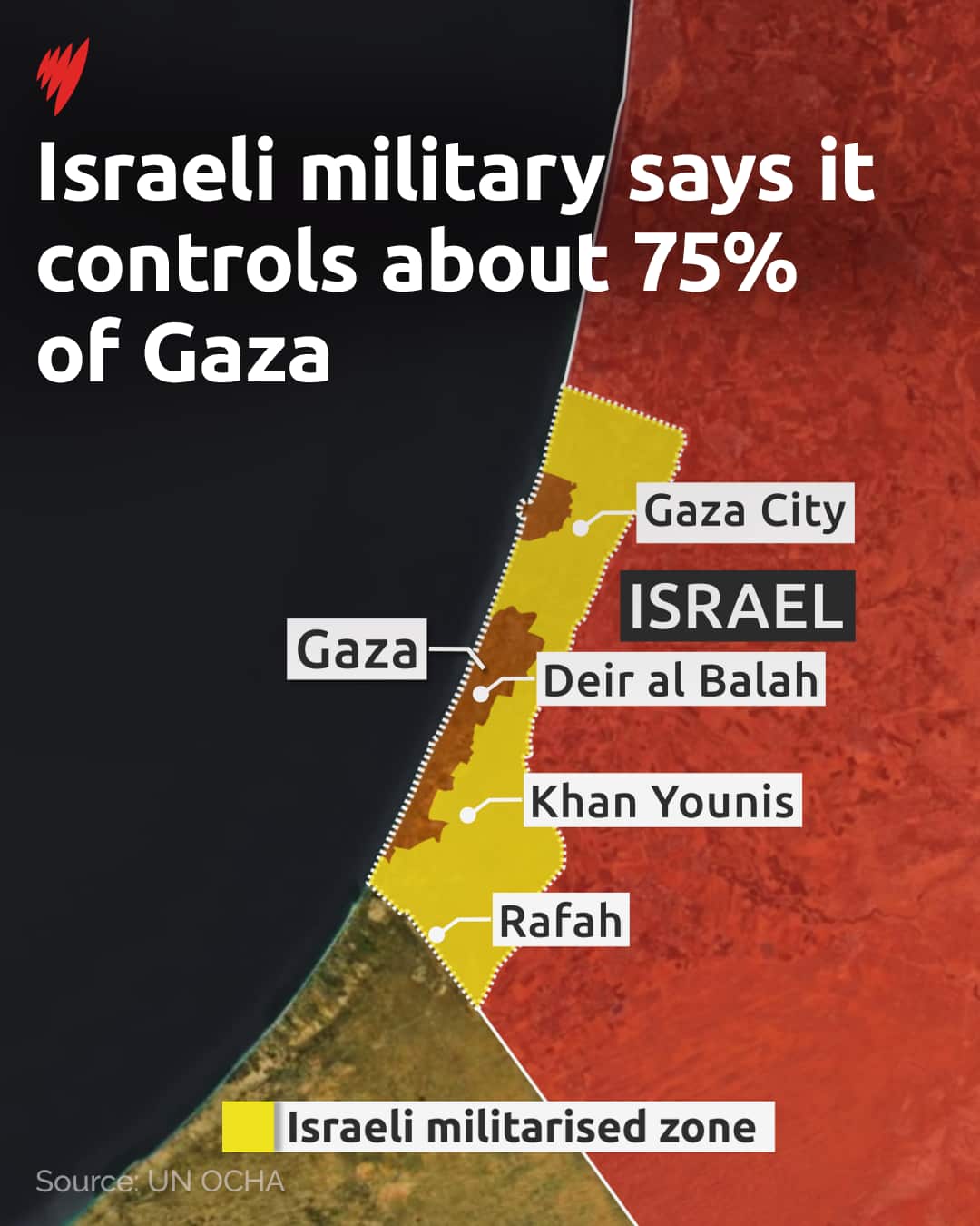 A map showing Gaza and Israel.