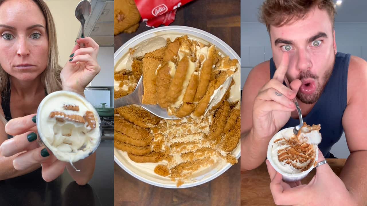 Three vertical panels show two people and a close-up of a yoghurt cup filled with layers of biscuits.