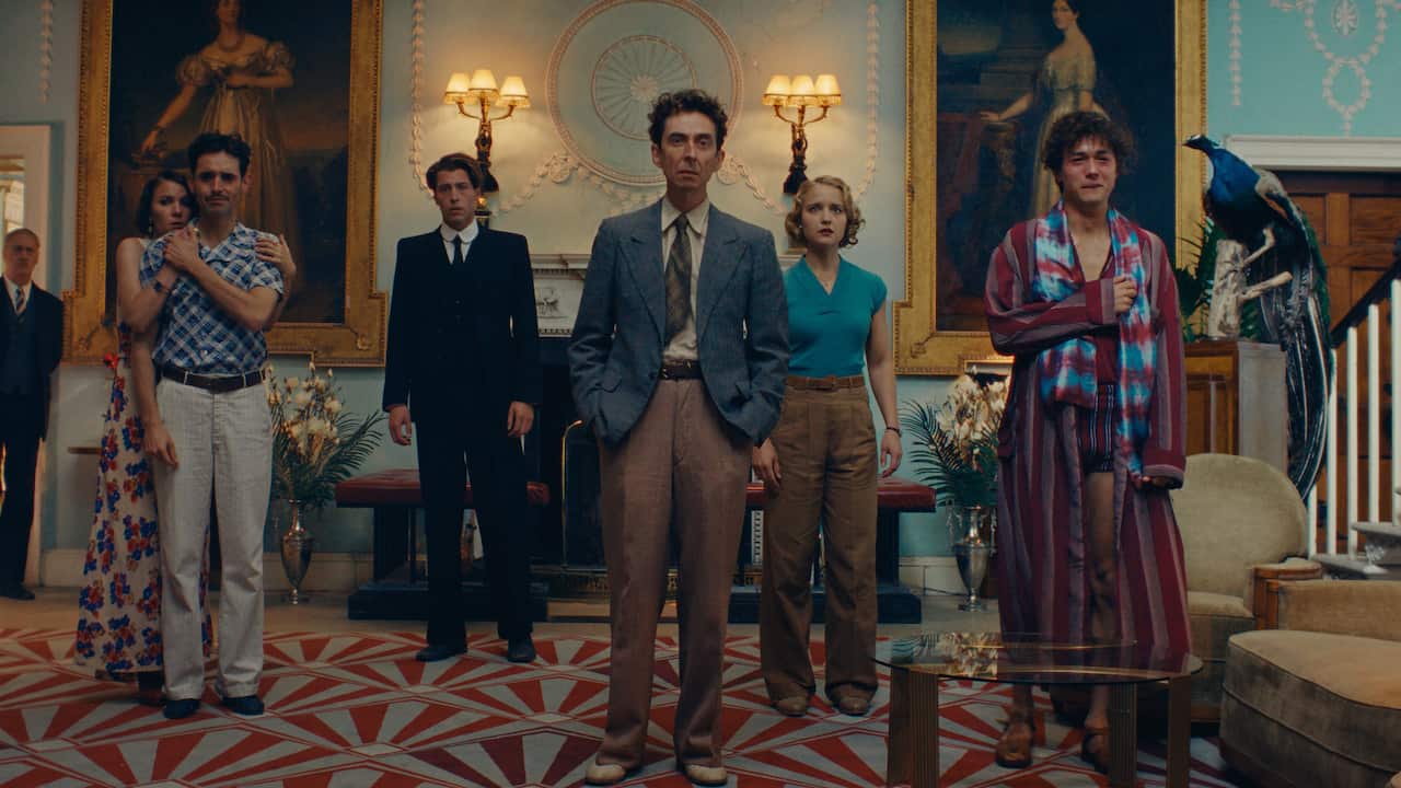 L-R: Stephen Tompkinson as DCI Thistlethwaite, Regina Bikkinina as Gala Dalí, Inaki Mur as Salvador Dalí, Pierre Gervais as René Magritte, Frank Bourke as Man Ray, Florence Hall as Lee Miller and Oscar Louis Högström as Nash Lesley in 'This Is Not A Murder Mystery'.
