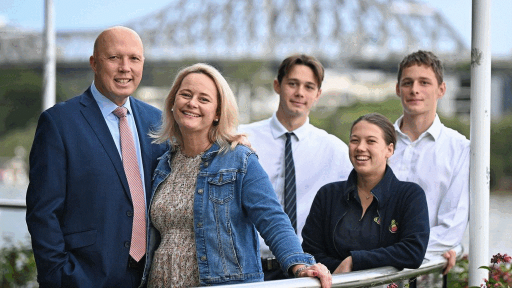 Peter Dutton pictured alongside his wife, Kirilly Dutton and three children (including daughter and two sons) from 2025 to 2018.