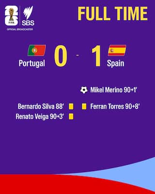 Colourful graphic showing the Full Time scoresheet for Portugal v Spain at the World Cup Round of 16.
