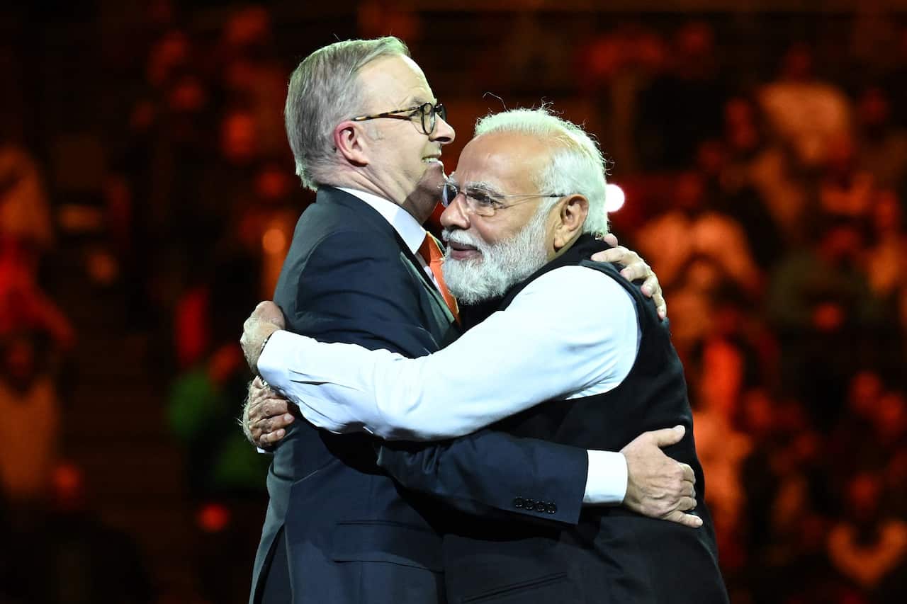 India’s Prime Minister Narendra Modi and Australian Prime Minister Anthony Albanese embrace