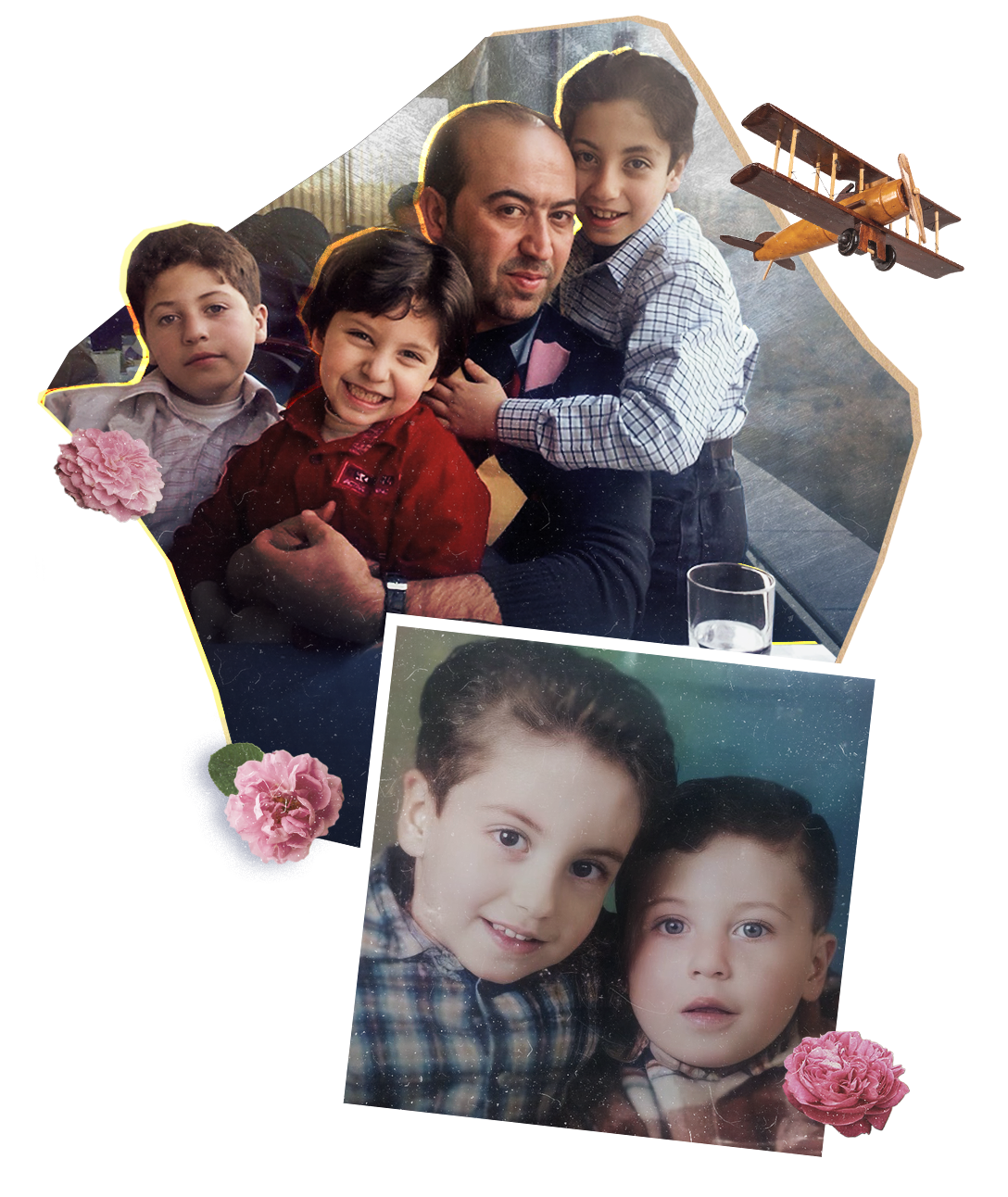 A collage of two photographs, pink roses and an old airplane: on top is an image of a man with three children, on the bottom is a photo of two young kids