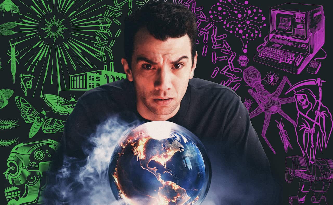 Jay Baruchel stares at a crystal ball with the Earth inside it, as he is surrounded by green and purple icons.
