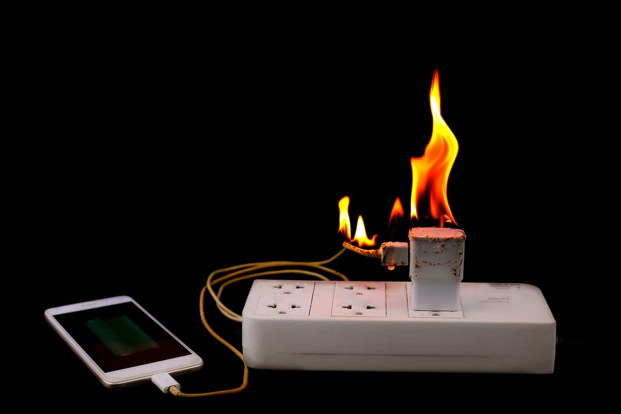 On Fire Adapter Smart Phone Charger At Plug In Power Outlet At Black Background