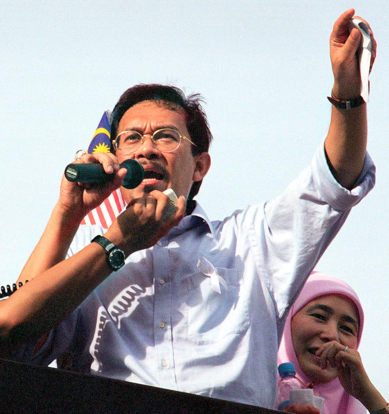 A file photo of Anwar Ibrahim addressing a gathering of supporters prior to his arrest and trial for a variety of corruption and sexual misconduct charges on 20 Setpember 1998.