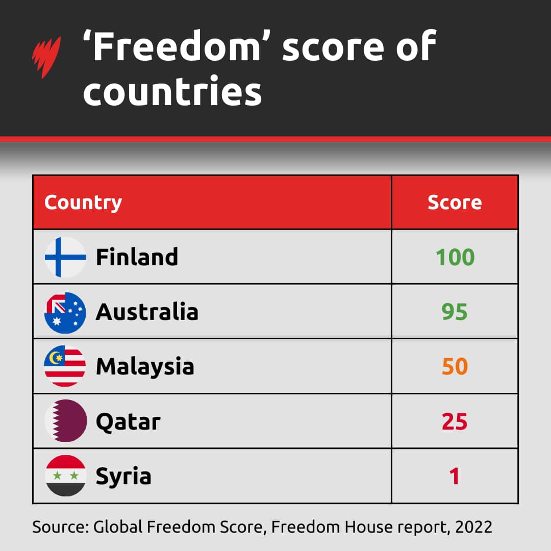 A graphic showing Freedom House's freedom scores for five countries