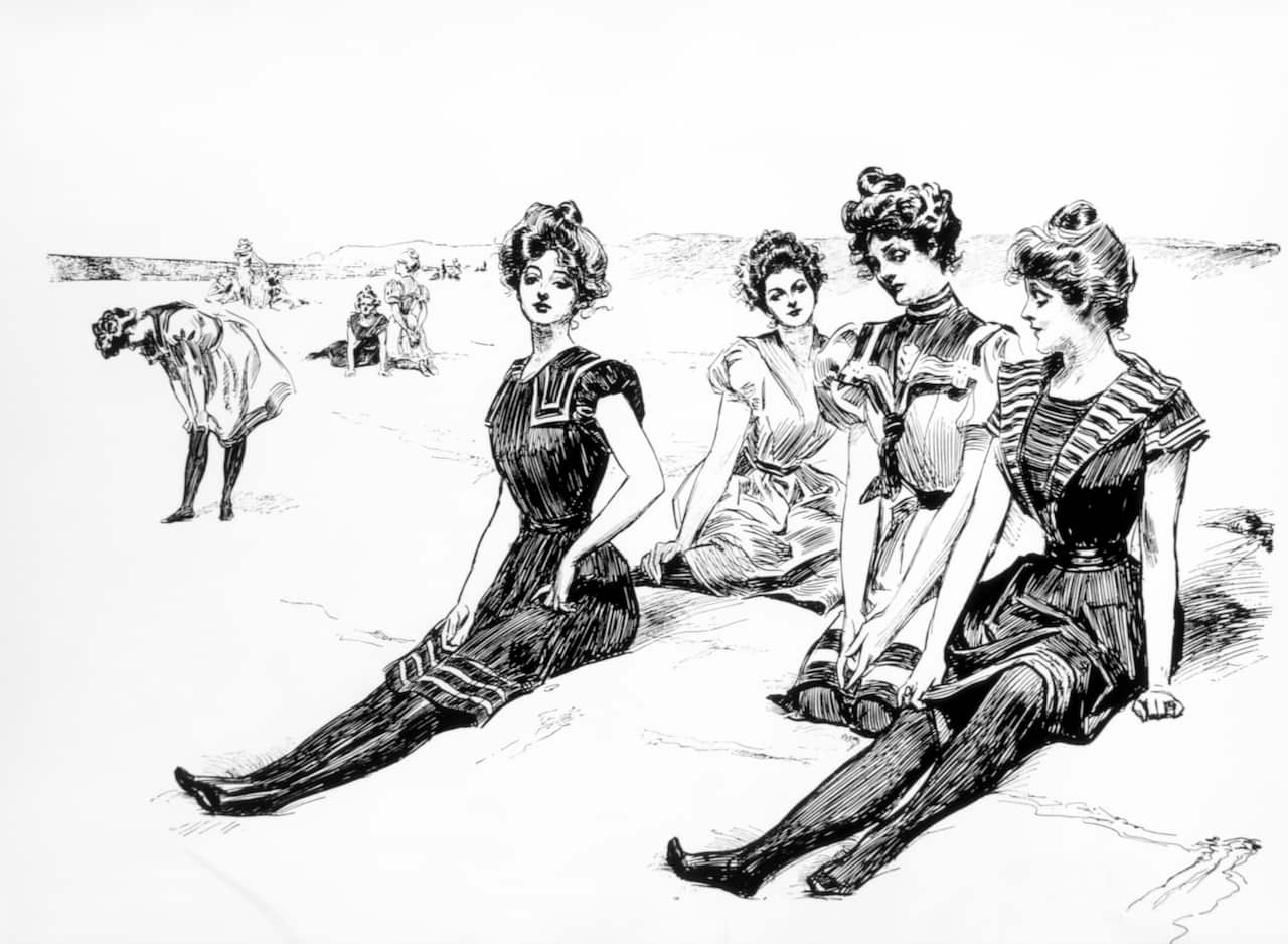 An illustration of women wearing dresses and stockings