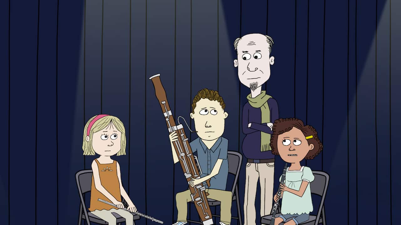 An animated scene shows a man standing with crossed arms behind three children sitting in chairs, each holding a musical instrument. Their expressions suggest things are not going well. 