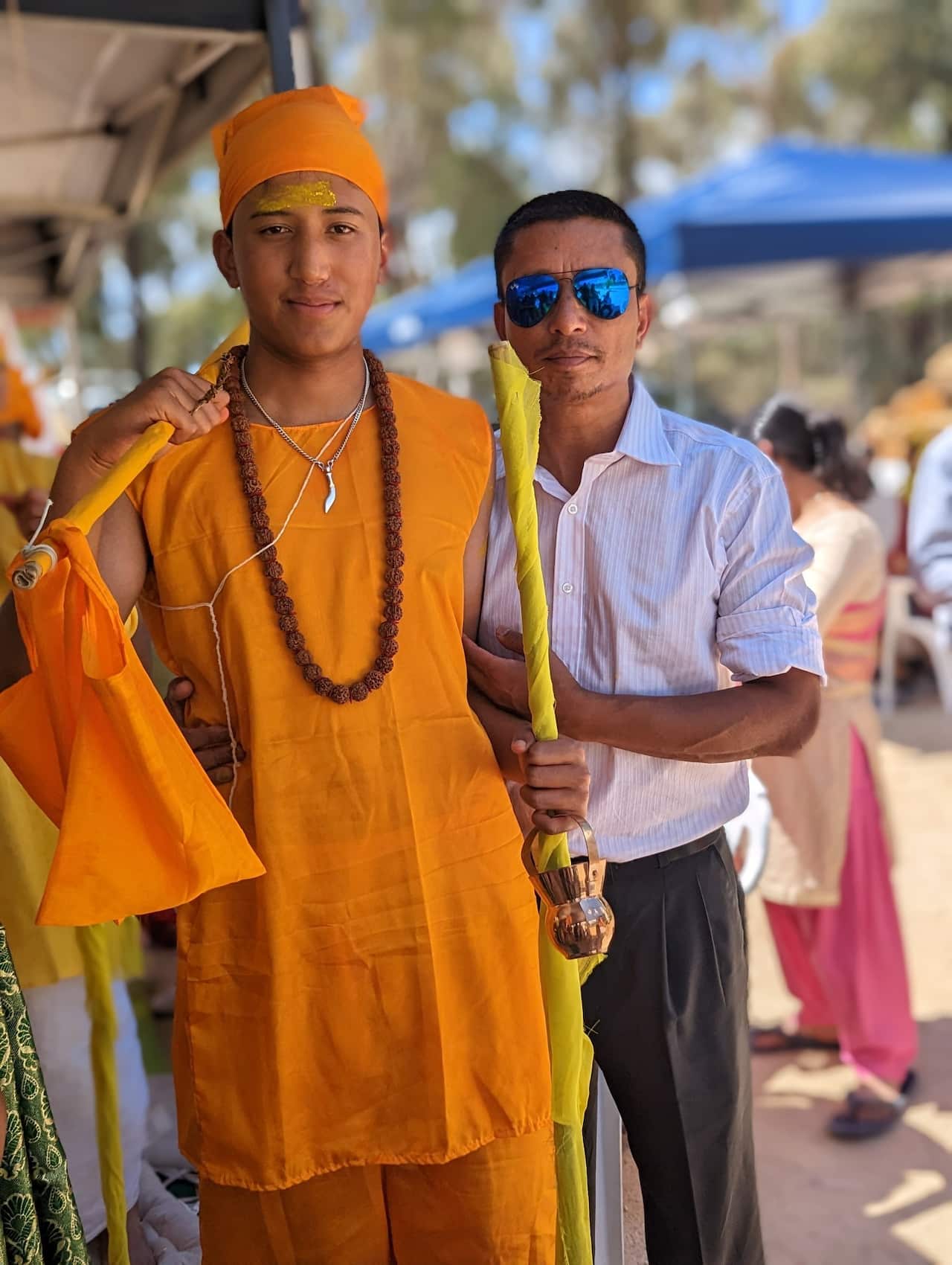 Rhyan Bidur Singh (L) with his uncle at the bratabandha ceremony in Brishti Ganesh Temple.