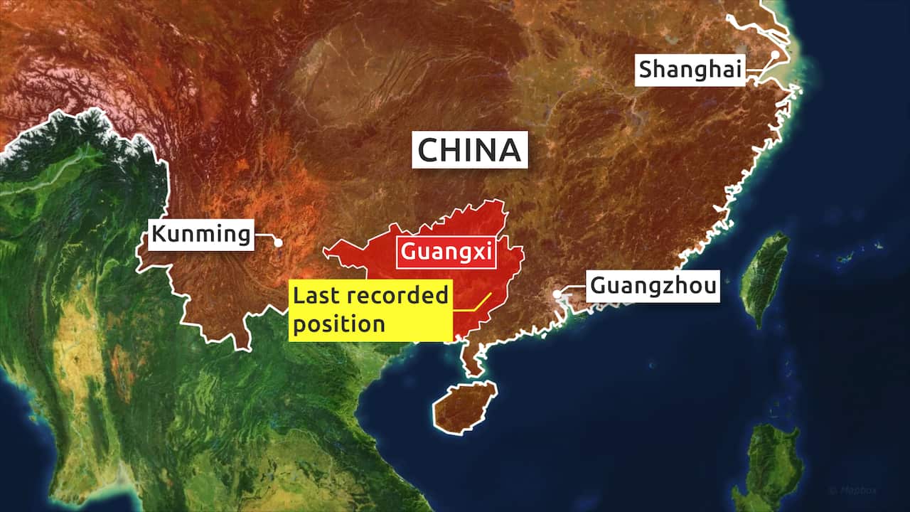 A graphic showing the last known position of the China Eastern passenger jet