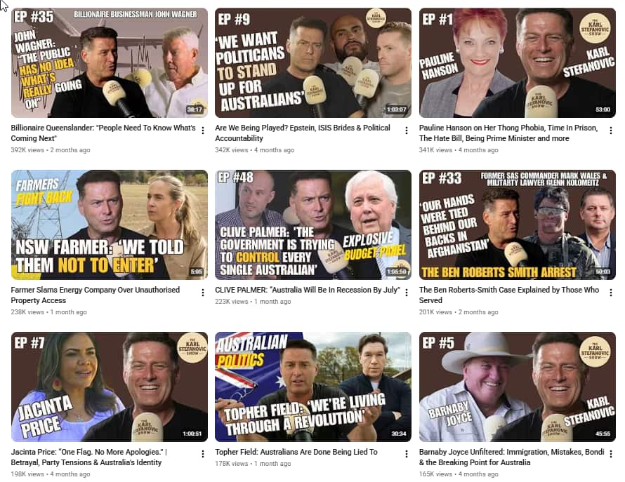 The home page of Karl Stefanovic's YouTube channel showing his most popular videos