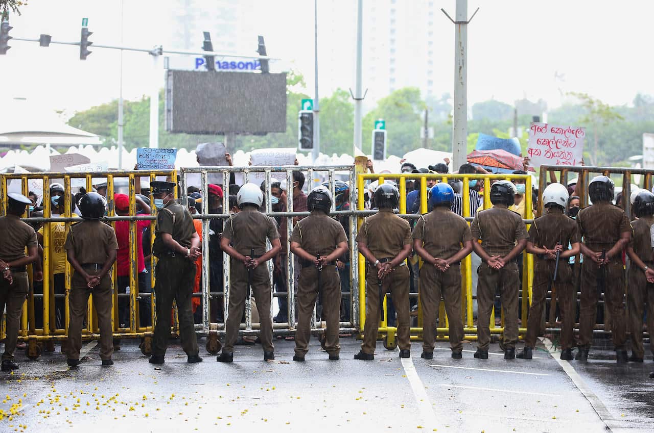Police are seen standing guard as demonstrators take part in a protest.