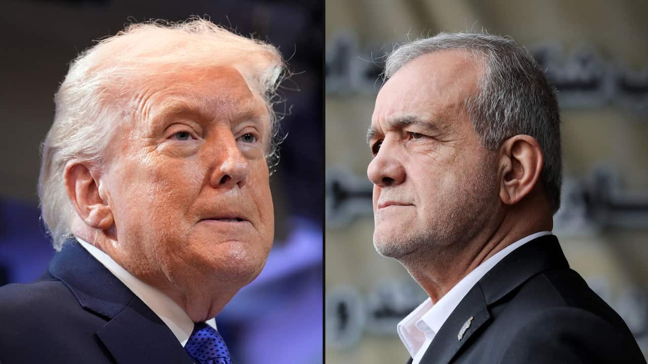 A two-way header image of US President Donald Trump and Iranian President Masoud Pezeshkian.