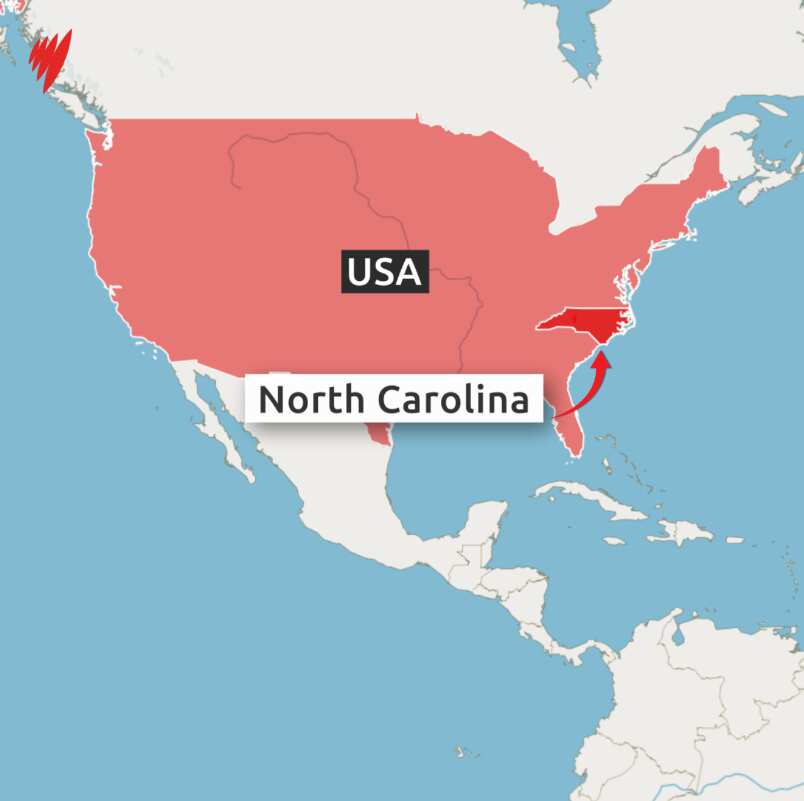 Map of the United States with an arrow pointing to North Carolina