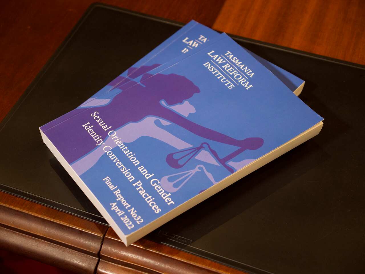 Two books are seen sitting on a desk.