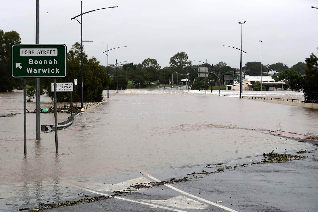 The flooded One Mile Bridge in Ipswich, Queensland, February 26, 2022.