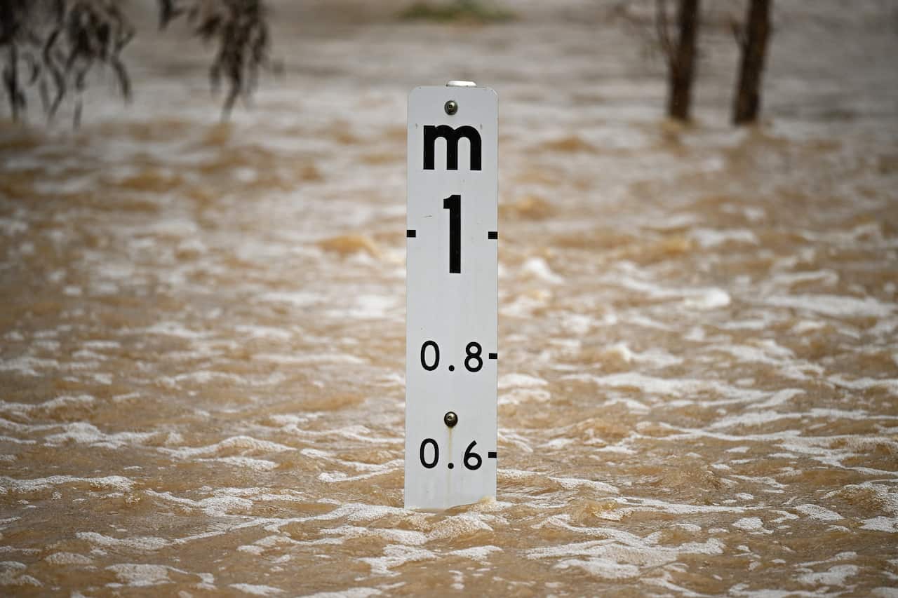 A flood level is seen near Strathfieldsaye, Bendigo in Victoria.