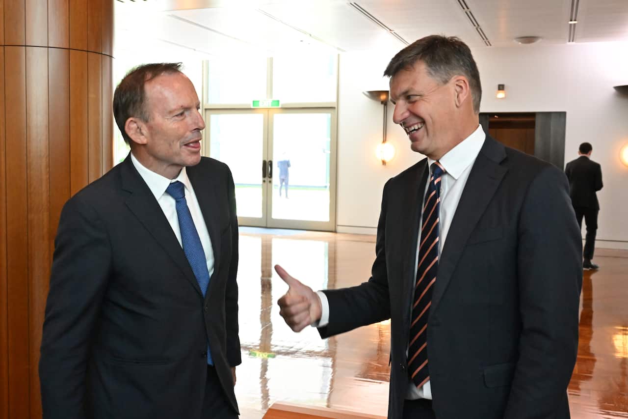 Tony Abbott and Angus Taylor share a laugh while standing in a brightly lit hallway. Both are wearing dark suits.