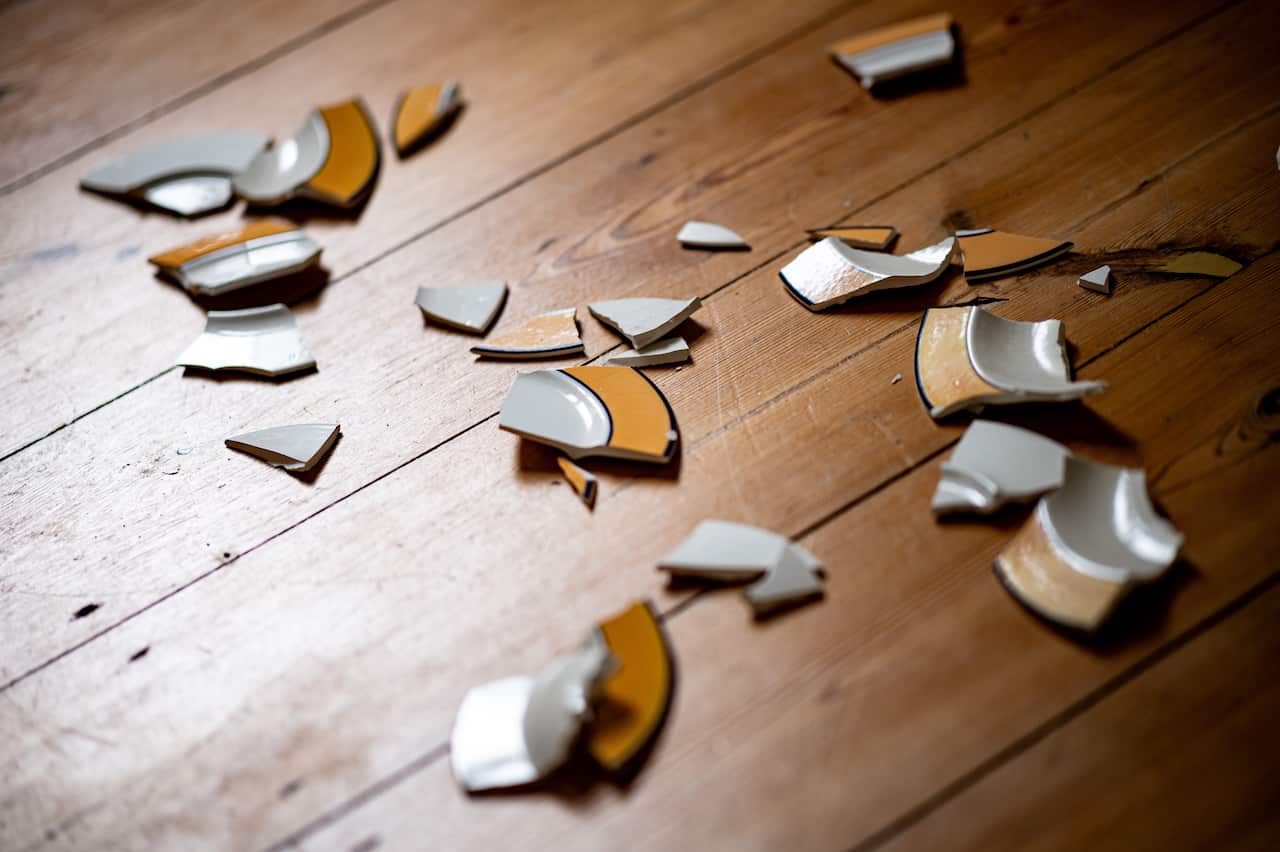 The broken pieces of dishes are scattered on the floor.