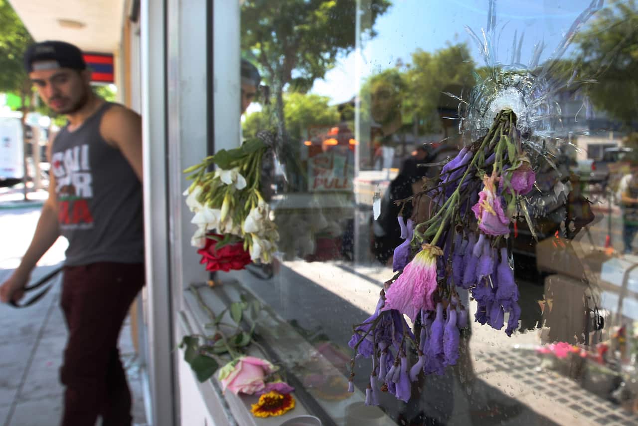 A glass window with bulletholes filled with flowers.