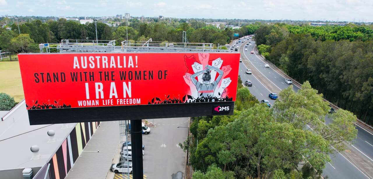 'Woman Life Freedom' billboard in Concord West, Sydney