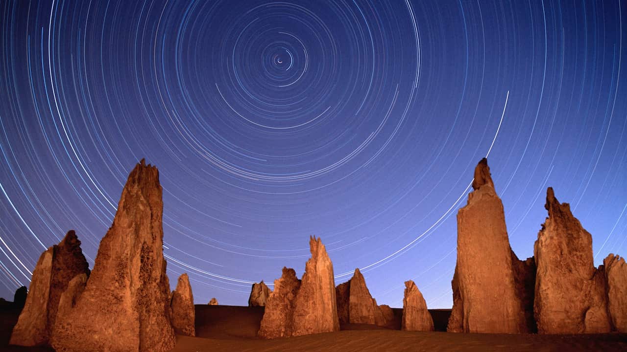 Australia, Pinnacles National Park, rock formations and star trails