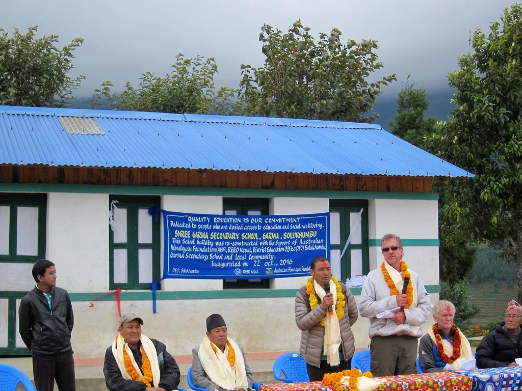 Simon Balderstone (third from the right) at the Shree Garma Secondary School in Solukhumbu after its reconstruction in 2016.