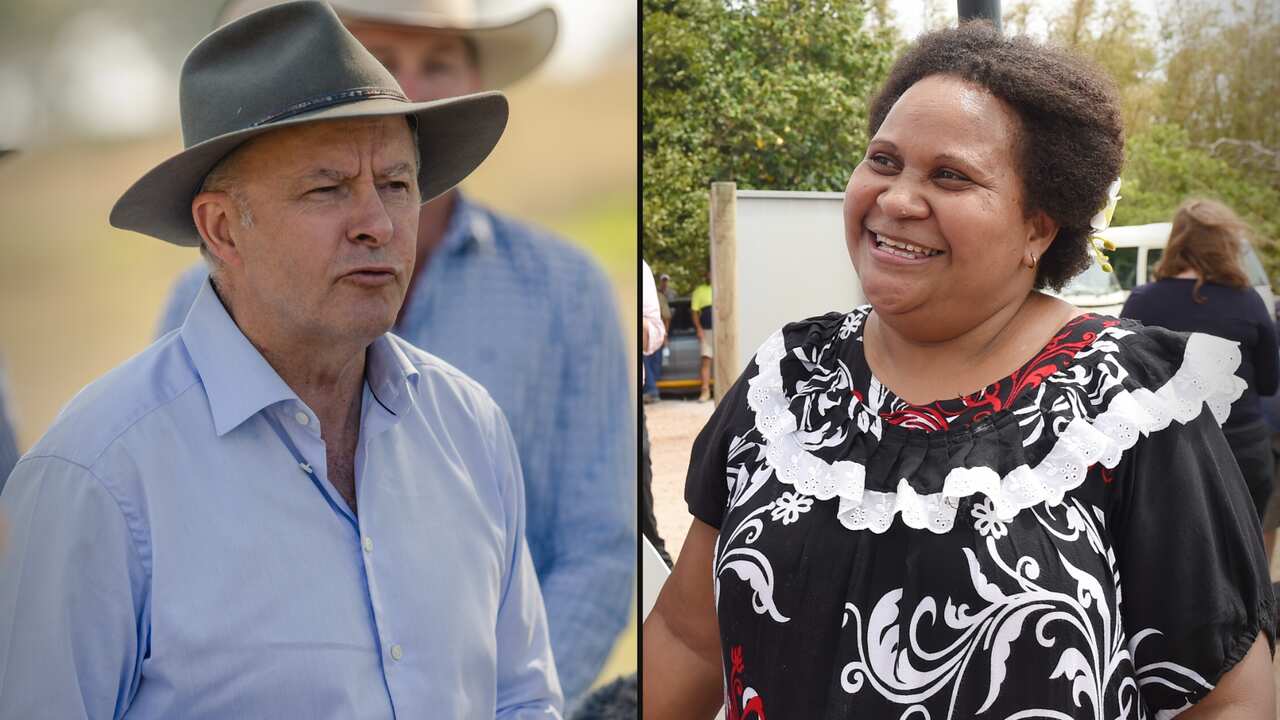 A split image. On the left is Anthony Albanese, on the right, Melora Noah.