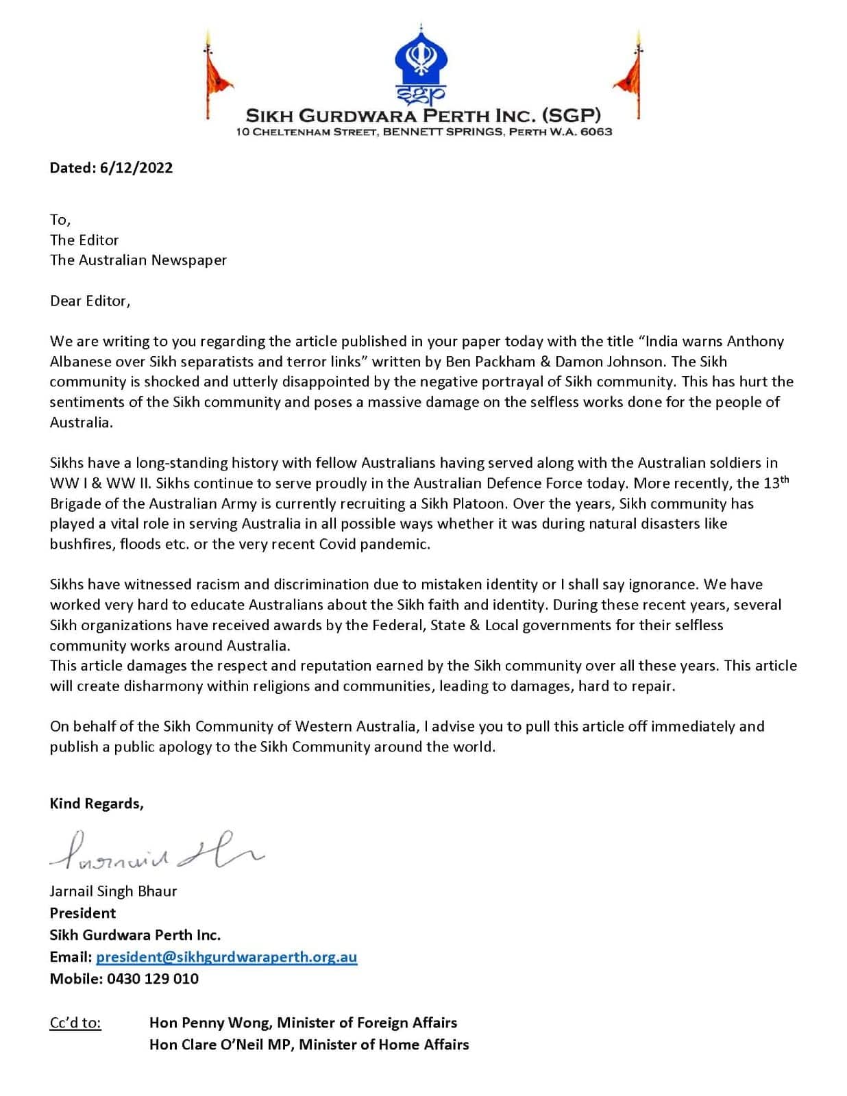 Statement by the Sikh Gurdwara Perth Inc.