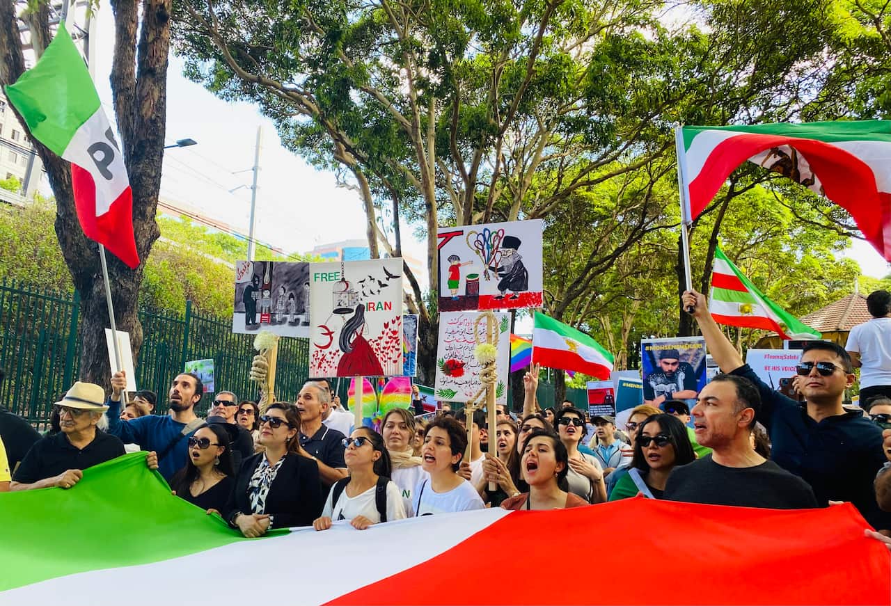 People protesting in Sydney against the regime of Iran