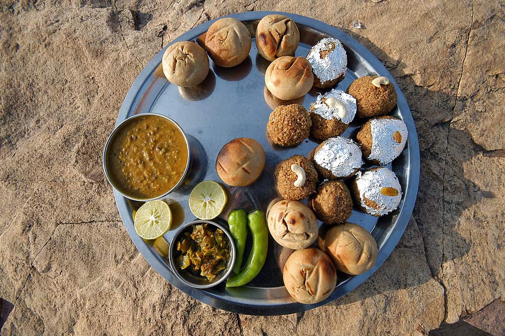Jodhpuri Dal Bati Churma laddu (Choorma Laddoo) (Sweets) in Jodhpur, Rajasthan, India (Cooked food)