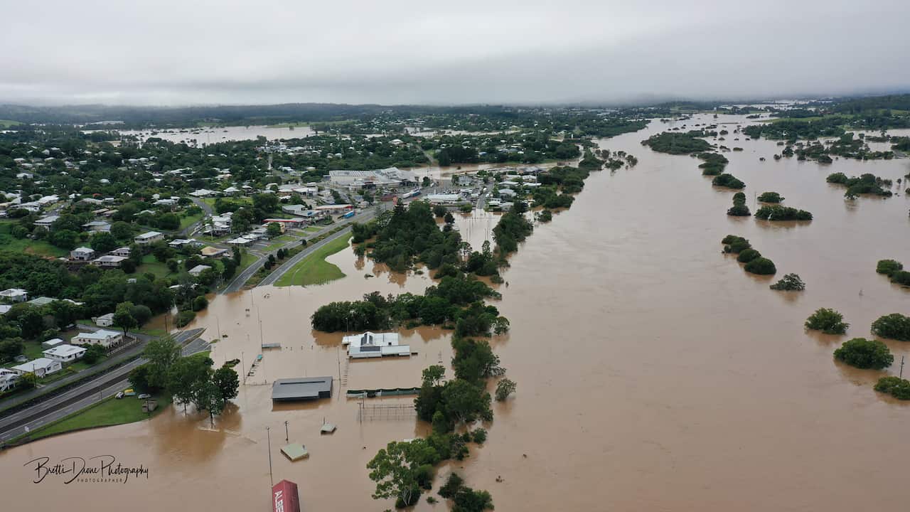 A supplied image shows an aerial view of flooding in Gympie, Queensland, Saturday, February 26, 2022.