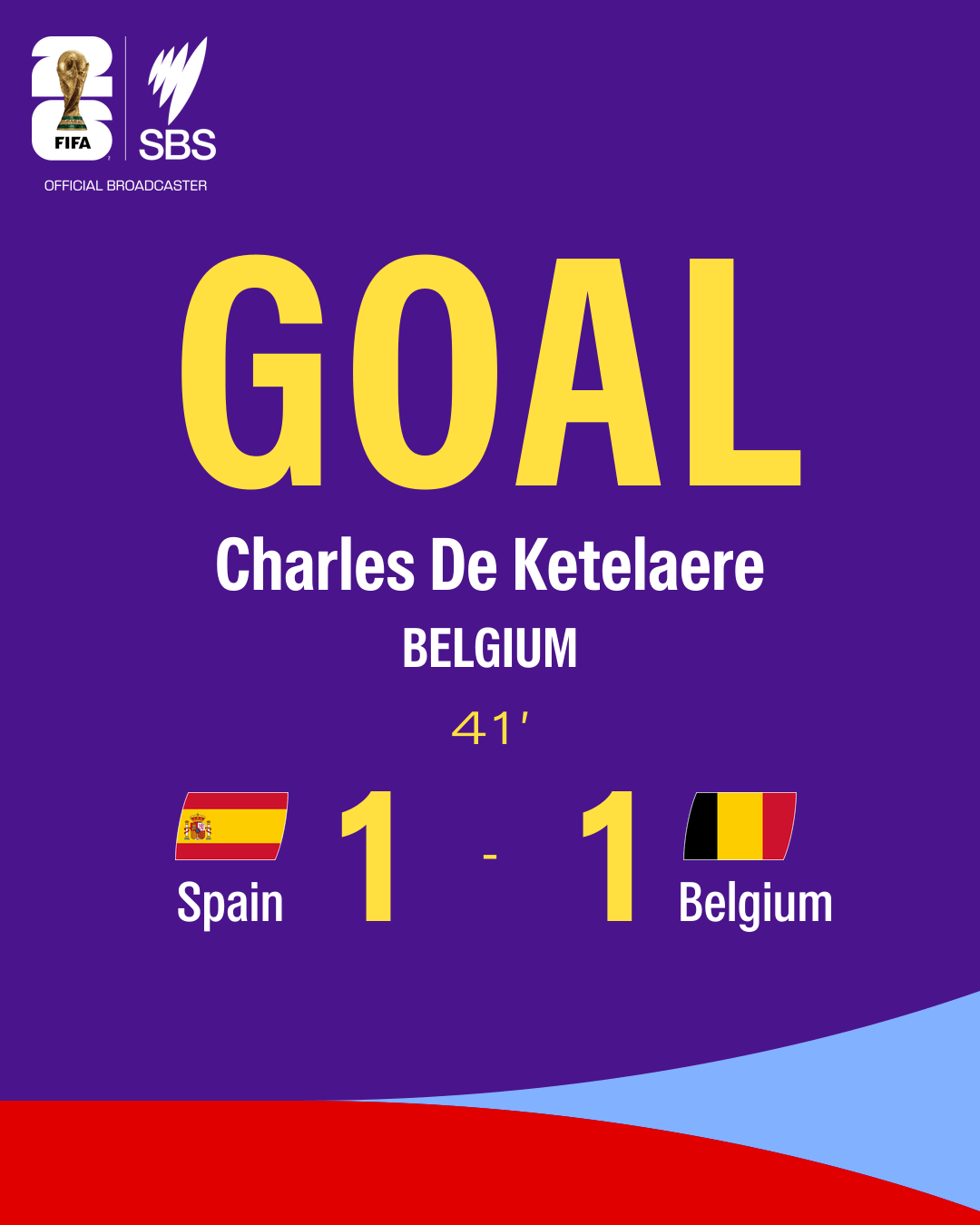 Colourful graphic showing the 1-1 score at 41' from the Spain v Belgium quarter-final at the 2026 World Cup.